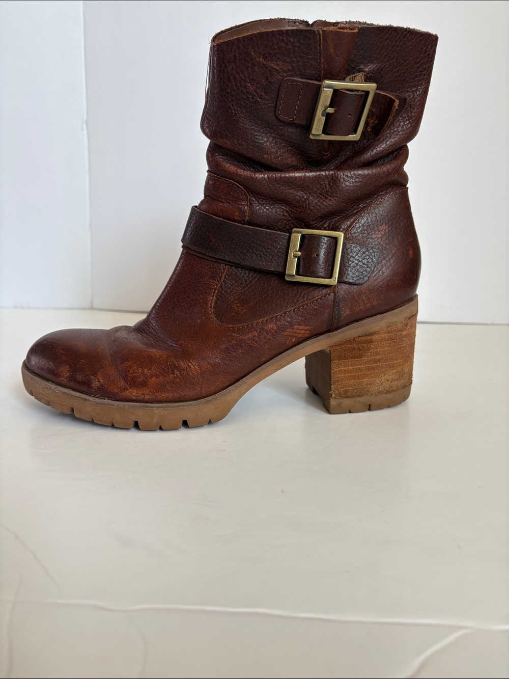 Korks burgundy brown ankle slouch leather moto boot gold hardware zip close - Picture 7 of 16